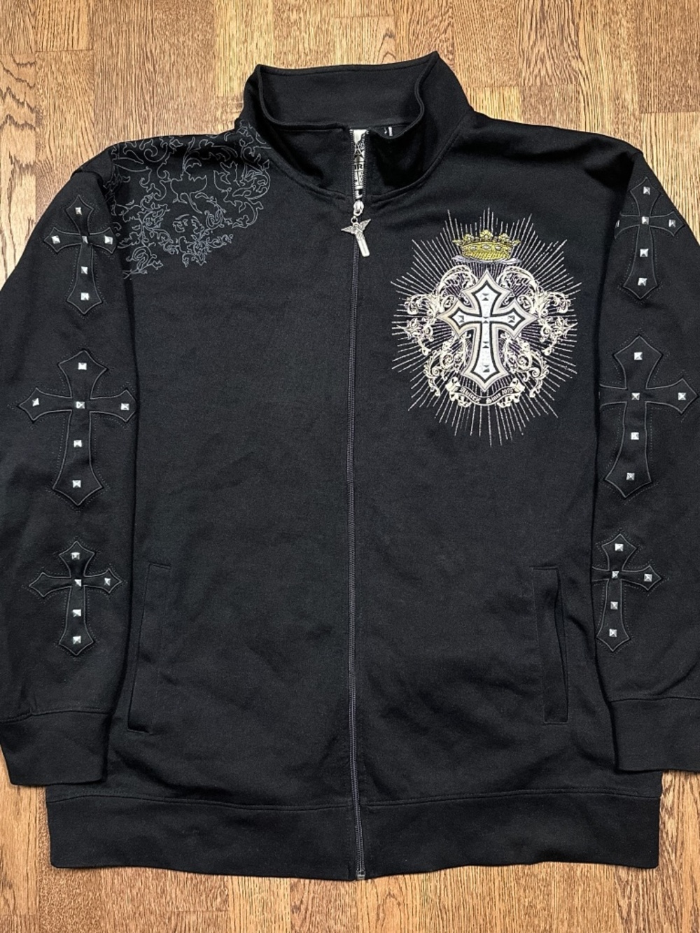 Vintage Y2K Avirex Crosses Grunge Black Studded Track Jacket Mens XL